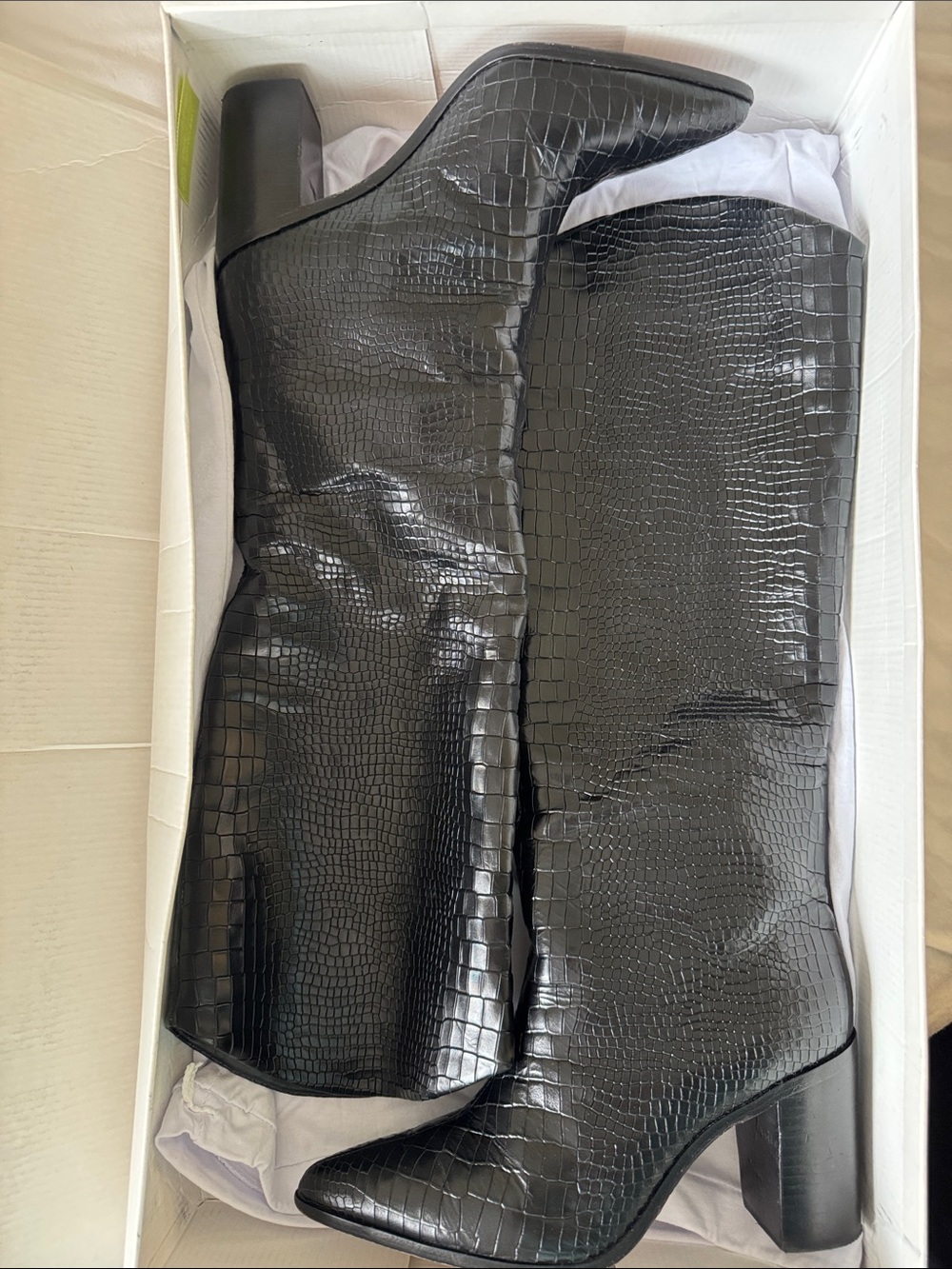 SCHUTZ Black Croc-Embossed Knee-High Boots - Picture 2 of 10
